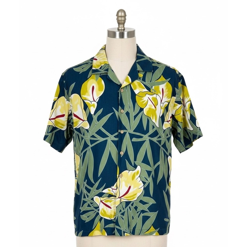 Island 2 Island Mens Hawaiian Shirt Floral Aloha Tropical Camp Blue Yellow Large